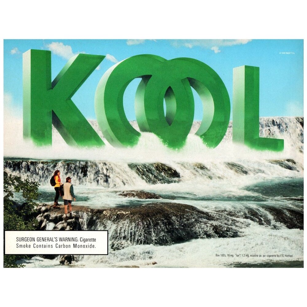 1996 Kool Cigarettes Shallow Waterfall Vintage Print Ad Couple on Rocks Wall Art
